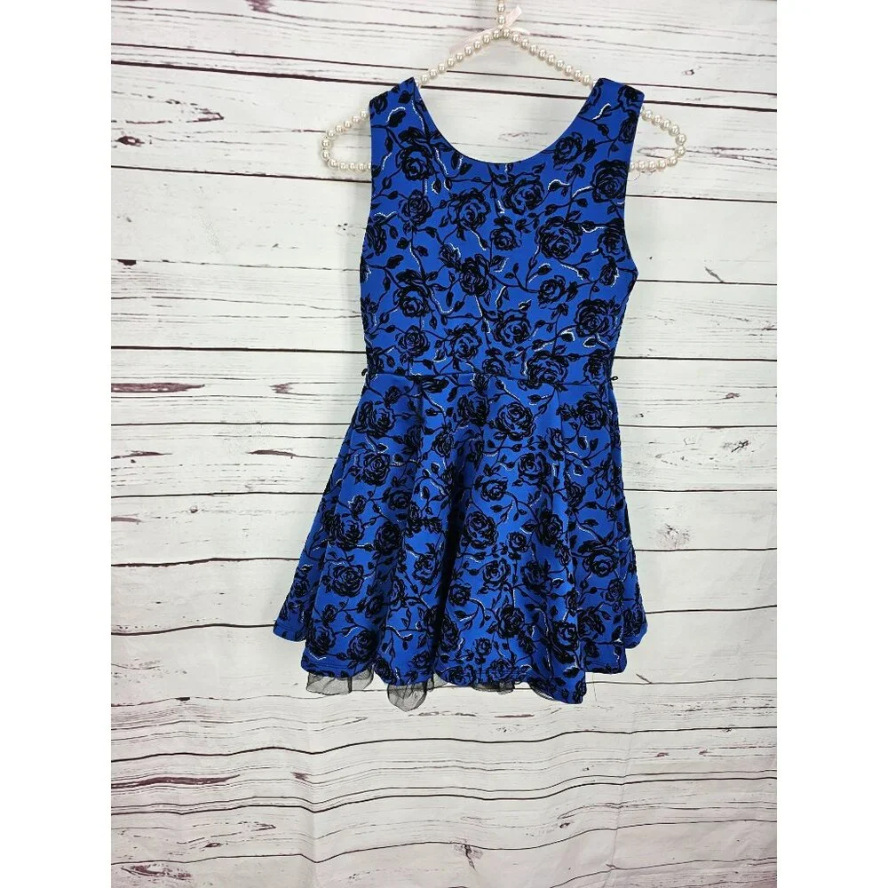 Knitworks Girls Blue Black Floral Sleeveless Dress Size 12‎